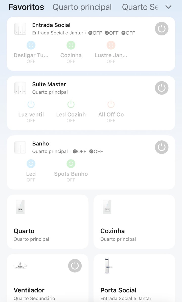 Aplicativo Tuya com os interruptores Wi-Fi da entrada, suíte e banho programados